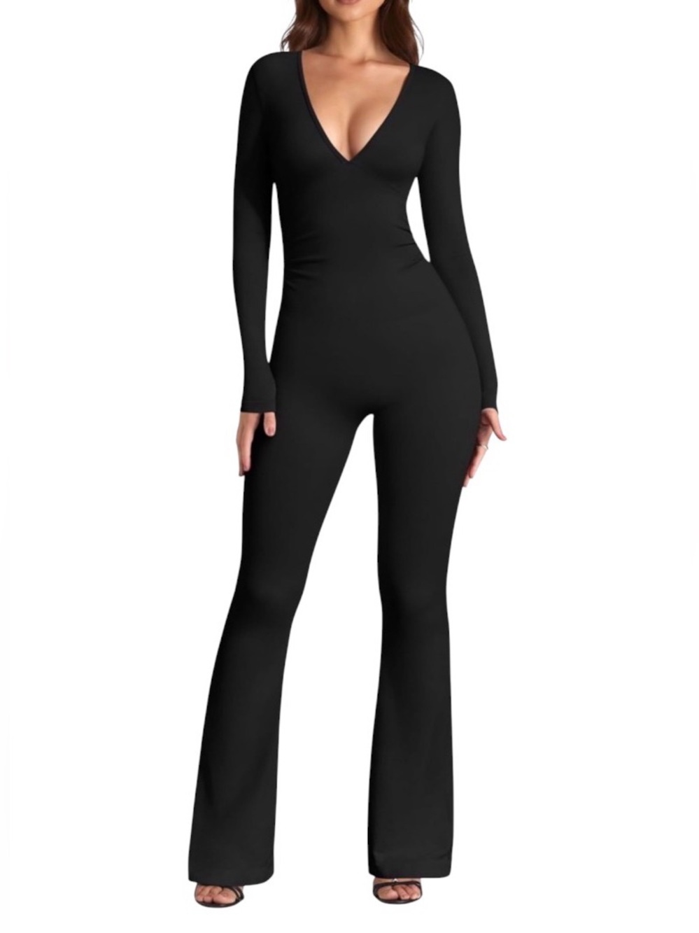 A171 OQQ Long Sleeve Deep V Neck Ruched Flared Jumpsuit Black Small NEW